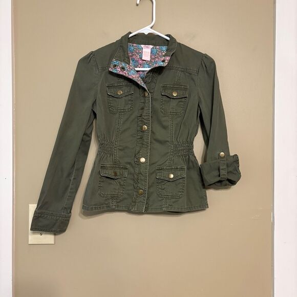 Candie's Girls Button-Up Army Green Utility Jacket Floral and Bow Accents Medium - Picture 1 of 10